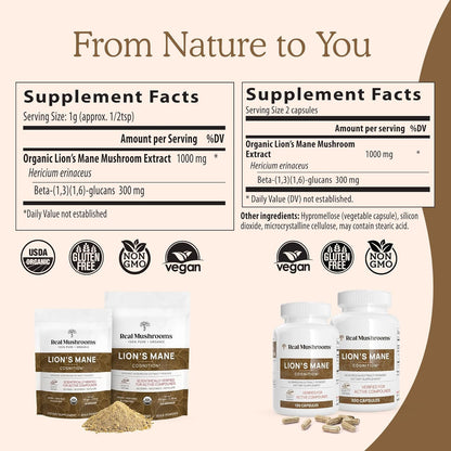 Lions Mane (60g) and Cordyceps (60g) Mushroom Extract Powder Bundle - Mushroom Supplement for Cognition, Energy and Endurance