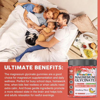 Magnesium Glycinate Gummies for Kids & Adults - Relaxation & Cognition Support - 400/200mg Magnesium Supplement with L-Theanine, Chamomile, B6, D3 & K2 - Vegan, Sugar Free, Strawberry Flavor, 60 Ct WOGORGTBuy Supplements Australia