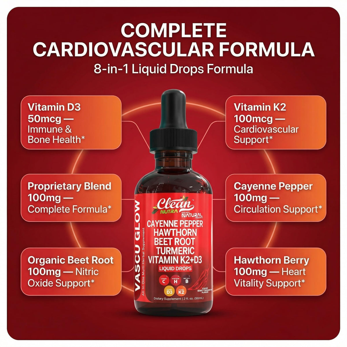 Clean Nutra Cayenne Pepper Drops Supplement Liquid + Hawthorn Berry, Vitamin D3 K2 Beet Root Powder, Ceylon Cinnamon, Turmeric Curcumin, Organic Panax Ginseng, Berberine Extract 1 Pack Clean Nutraceuticals buy supplements Au