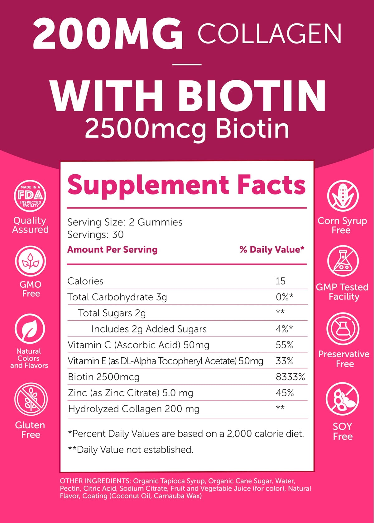 Lunakai USA Made Collagen Peptides Gummies - 200mg Non-GMO Anti-Aging Formula with Biotin, Zinc, Vitamins C