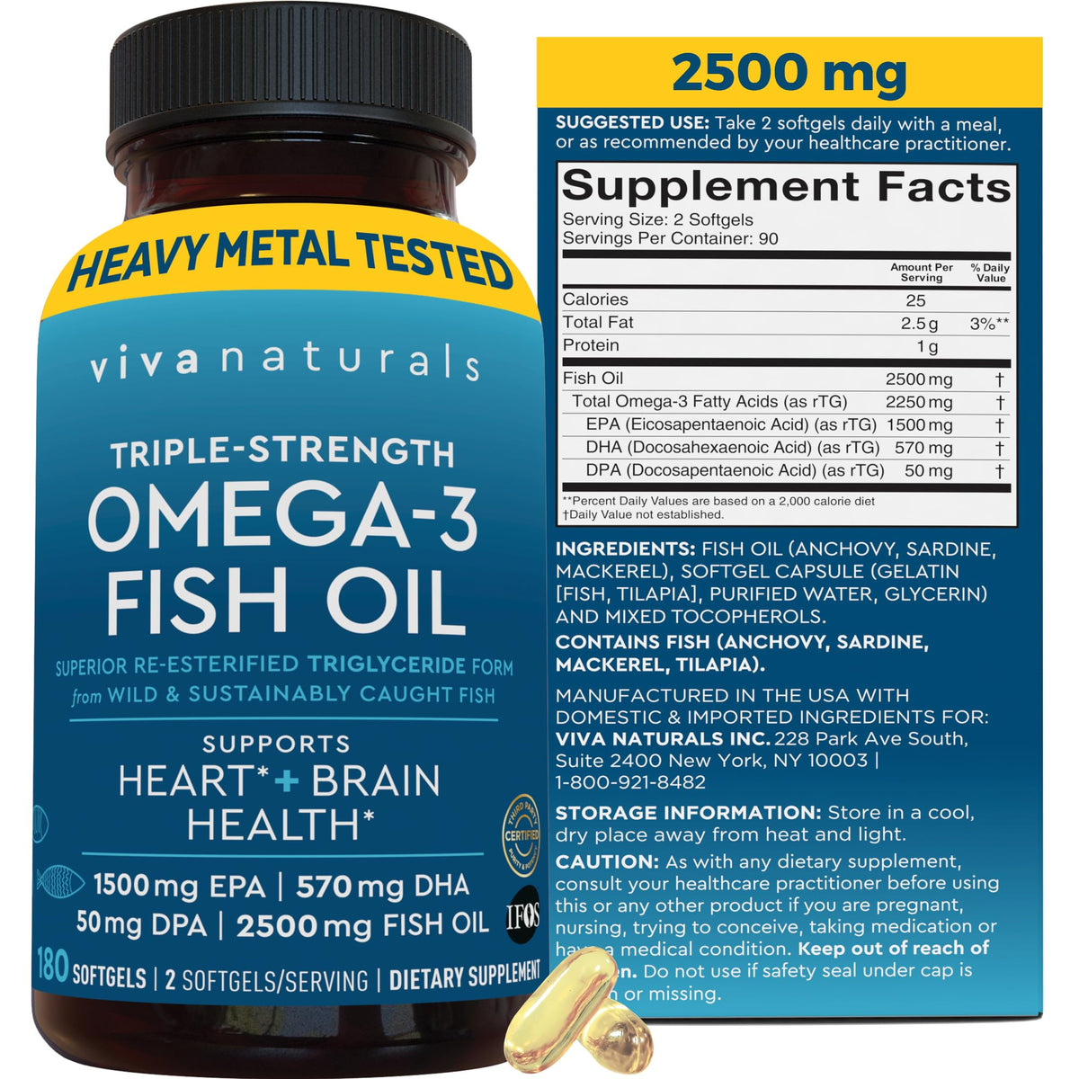 Triple Strength Fish Oil Omega 3 Supplements for Women and Men – 2500 mg High-Potency, Easy-to-Absorb Re-esterified Triglyceride Form, Pescatarian-Friendly DPA Omega 3 EPA DHA Supplement,180 Softgels Viva NaturalsBuy Supplements Australia