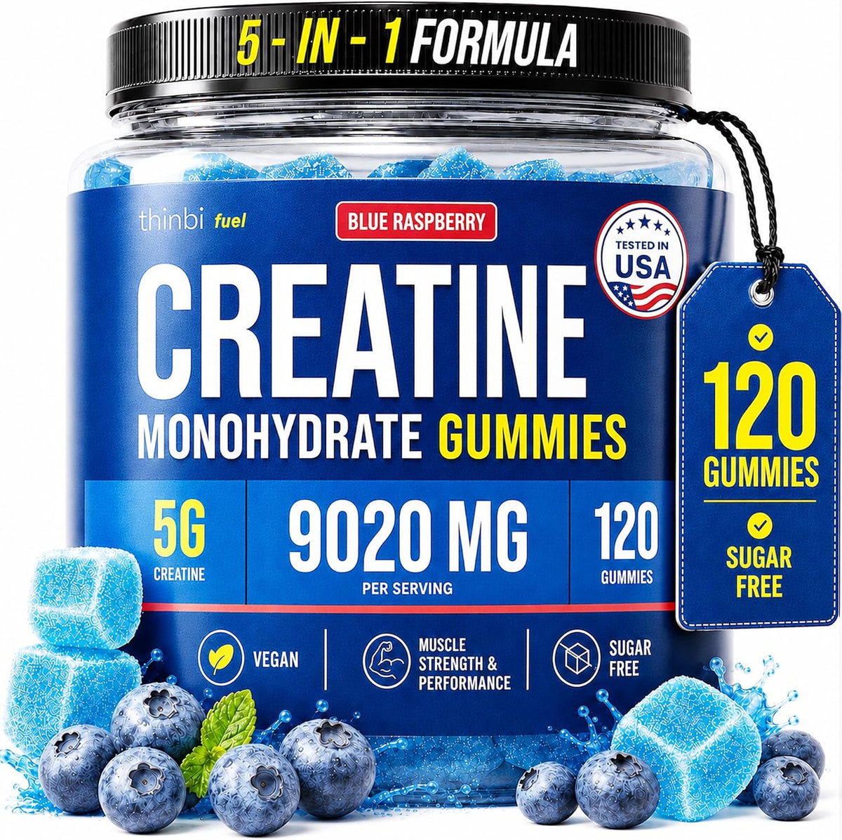 Thinbi Creatine Gummies for Women & Men, Monohydrate, Blueberry, 120 Count