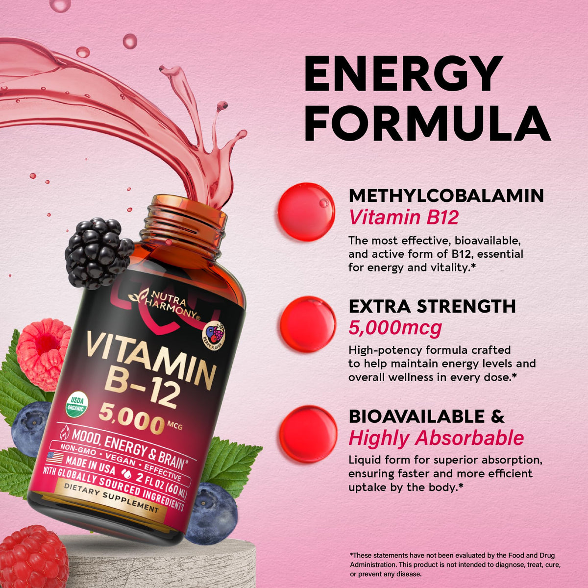 USDA Organic Vitamin B12 Sublingual Drops - 5000 mcg Liquid Vegan Methylcobalamin for Women & Men - Energy Boost, Focus & Mood, Brain Health Support