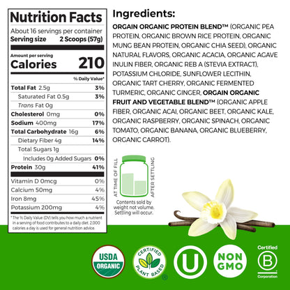 Orgain Organic 30g Vegan Plant Protein Powder, Vanilla, 9g EAAs + BCAAs, High Plant Protein, 4g Prebiotic + Fiber, 1g Sugar, Pre-Workout, Muscle Support + Recovery - 2.01lb (Packaging May Vary)