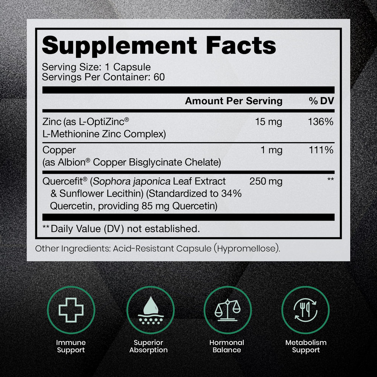 Zinc Defense | Zinc + Copper + Quercetin | 60 Servings in Vegan Capsules | L-OptiZinc & Quercefit Ionophore | Chelated Minerals | Immune, Gut, & Hormonal Balance Support