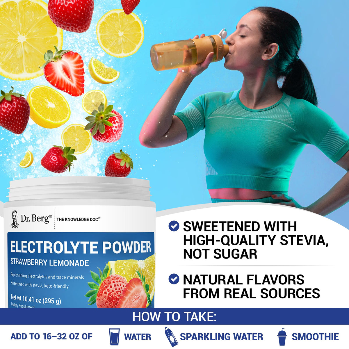 Dr. Berg Zero Sugar Hydration Keto Electrolyte Powder - Enhanced w/ 1000 mg of Potassium & Real Pink Himalayan Salt (NOT Table Salt) - Raspberry & Lemon Flavor Hydration Drink Supplement, 100 Servings