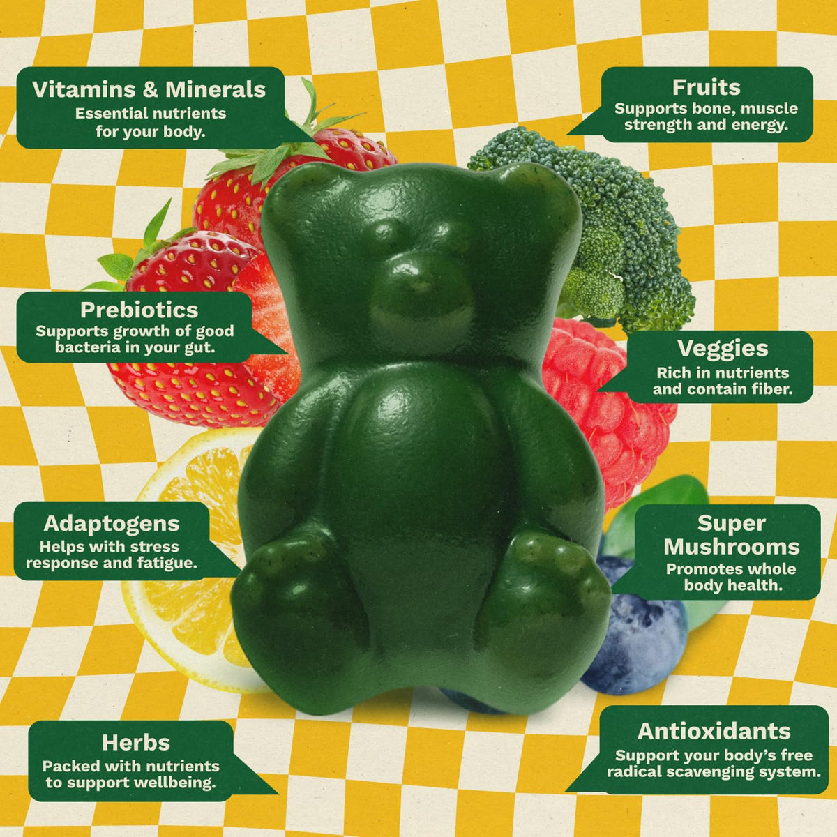 Gruns Multivitamin for Kids, Super Greens Gummies, Superfood Gummy Bears with 20+ Vitamins & Minerals, Spirulina, Chlorella, Alfalfa, Prebiotics Fiber for Digestive Health