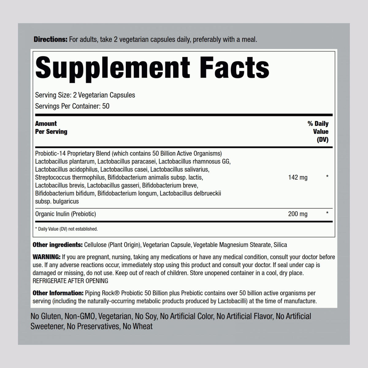 Piping Rock Probiotic and Prebiotic for Women and Men | 50 Billion CFU | 100 Capsules | Ultimate 14 Strain Supplement | Vegetarian, Non-GMO, Gluten Free
