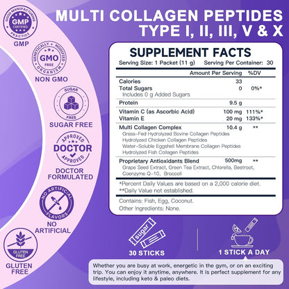 DRFOSTER Multi Collagen Peptides Powder Packets for Women, 30 Sticks Packs | Types I, II, III, V and X, with Antioxidant Blend + Vitamin C & E for Skin, Hair, Nails and Joint Support, Non-GMO