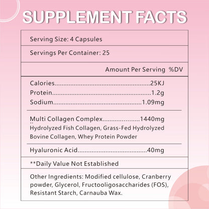 OMOGS Collagen Peptides Capsule，Naturally Sourced Hydrolyzed Collagen with prebiotic & Cranberry Extract - Hair, Skin, Nail, Joint, Digestive Health & Immune Support, Non-GMO, 100 Capsule