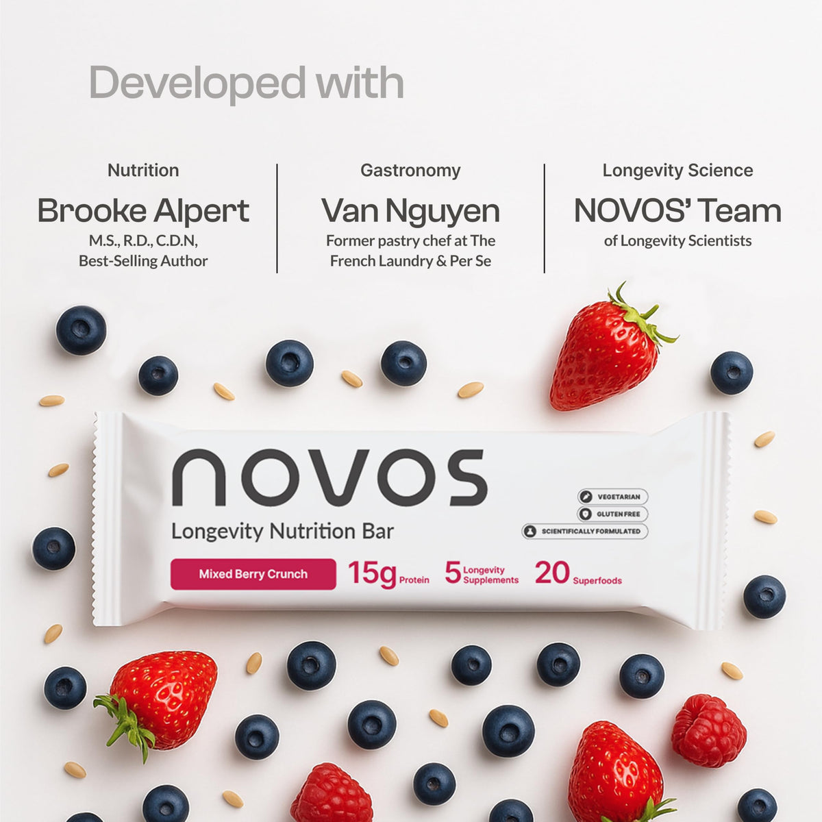 Novos Longevity Protein Bar | 15g Protein, 20 Superfoods, 5 Longevity Ingredients for Men & Women | Supports Skin, Mind & Mood | Mixed Berry Crunch (12-Pack)