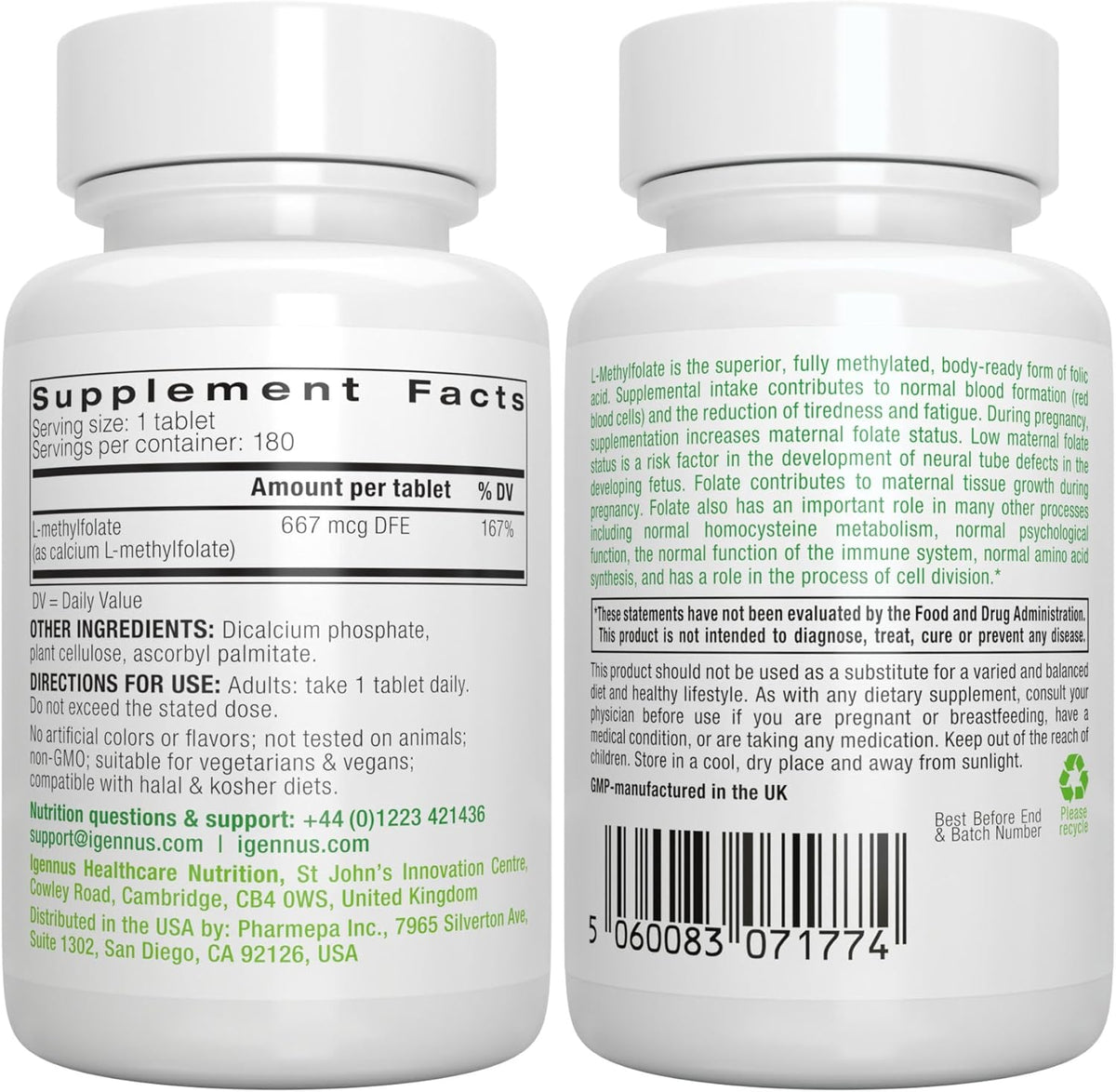 Igennus Pure Methyl Folate 400 mcg, 180 Tablets, Clean Label, Methylated Form of Folic Acid 5-MTHF (Vitamin B9), Vegan, Suitable for Pregnancy, One-a-Day, 6 Month Supply
