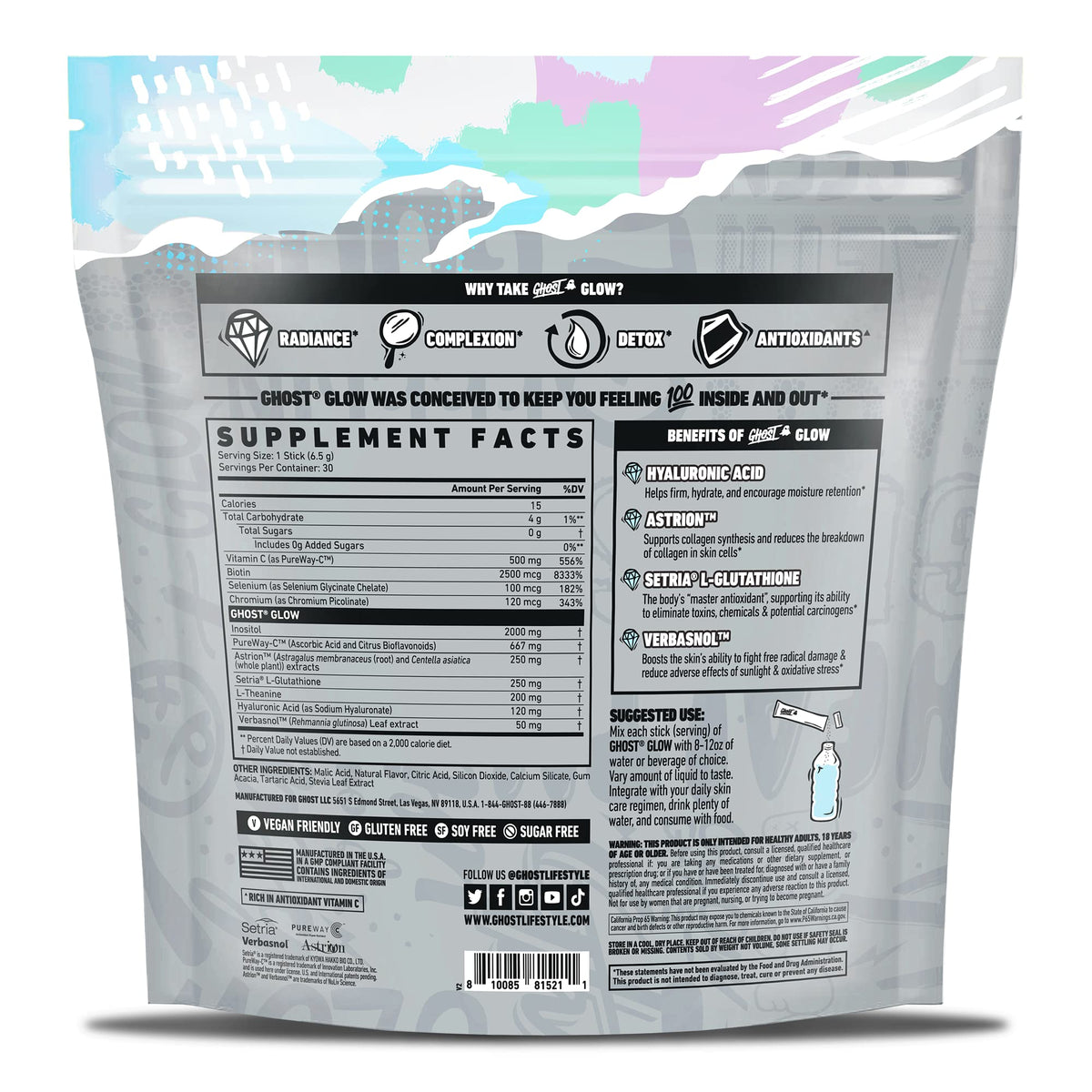 GHOST Glow Sticks: Beauty and Detox Supplement - 30 On-The-Go Stick Packs, Mango Margarita - Hyaluronic Acid, Biotin & L-Theanine for Skin-Boosting Support - Sugar Free, Gluten Free