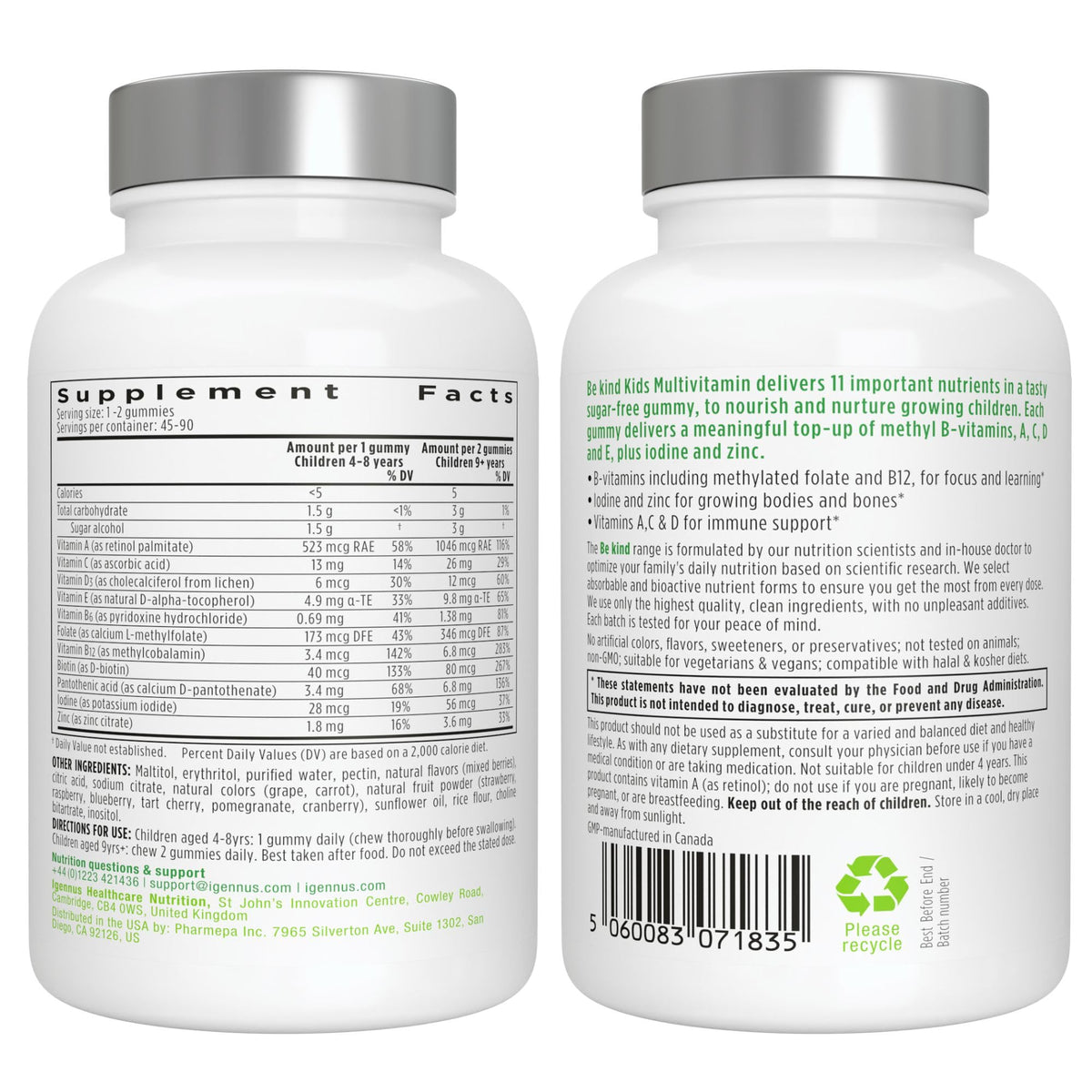 Igennus Methylated Kids Multivitamin Gummies, Clean Label & Third Party Tested, No Artificial Sweeteners or Flavors, Sugar Free, Age 4+, 90 Natural Berry Flavor