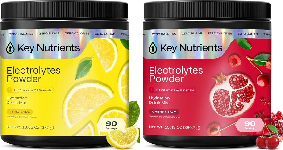 KEY NUTRIENTS Electrolytes Powder Bundle, Refreshing Lemonade 90 Servings Jar + Sweet Cherry Pom 90 Servings Jar, Sugar Free Hydration Drink Mix with Vitamins & Minerals, No Calories