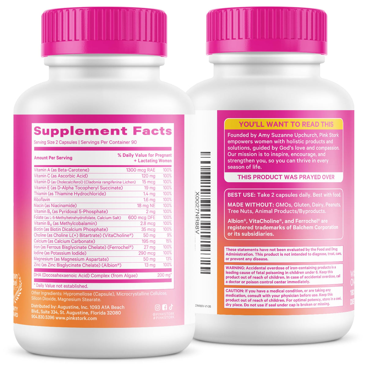 Pink Stork Total Prenatal Vitamins, No Fishy Burps, 60 Capsules, Berry | Clean Label Award, Support Fetal Development, Vegan DHA, Methylfolate, Iron, Choline, Vitamin B12, Pregnancy Essentials,