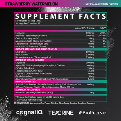 OUTLIFT Amped Max Dosed HIGH STIM Pre Workout Powder 6G Citrulline, 3.2G Beta Alanine, Alpha GPC, CognatiQ, Extreme Energy, Massive Pumps, Electrolytes (Strawberry Watermelon, 22 Servings)