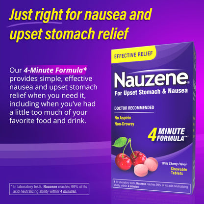 Nauzene Non-drowsy Upset Stomach & Nausea Relief Chewable Tablets - Fast-Acting Relief in 4 Minutes - Doctor Recommended - Wild Cherry Flavor, 42 ct Nauzene buy supplements Au
