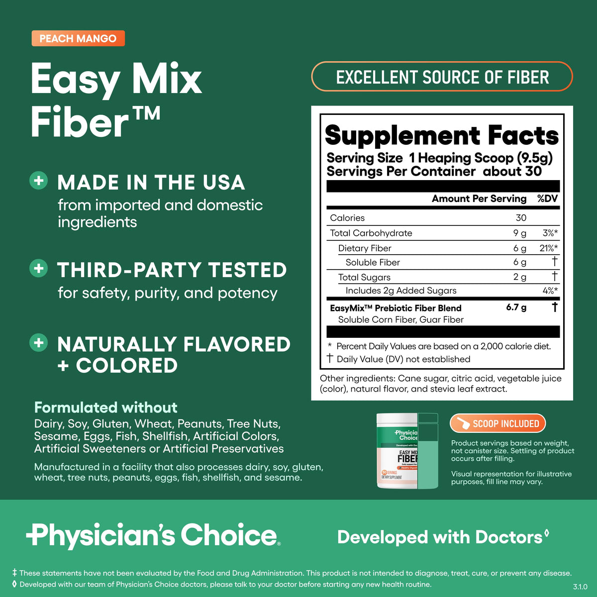 Physician's CHOICE Easy Mix Fiber for Digestive Health & Regularity - No Grit - Daily Prebiotic Soluble Fiber Powder Supplement
