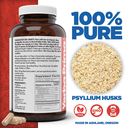 Yerba Prima Psyllium Husks Veg Caps, 400 Capsules (625mg) - Vegan, Non-GMO, Gluten Free, Colon Cleanser