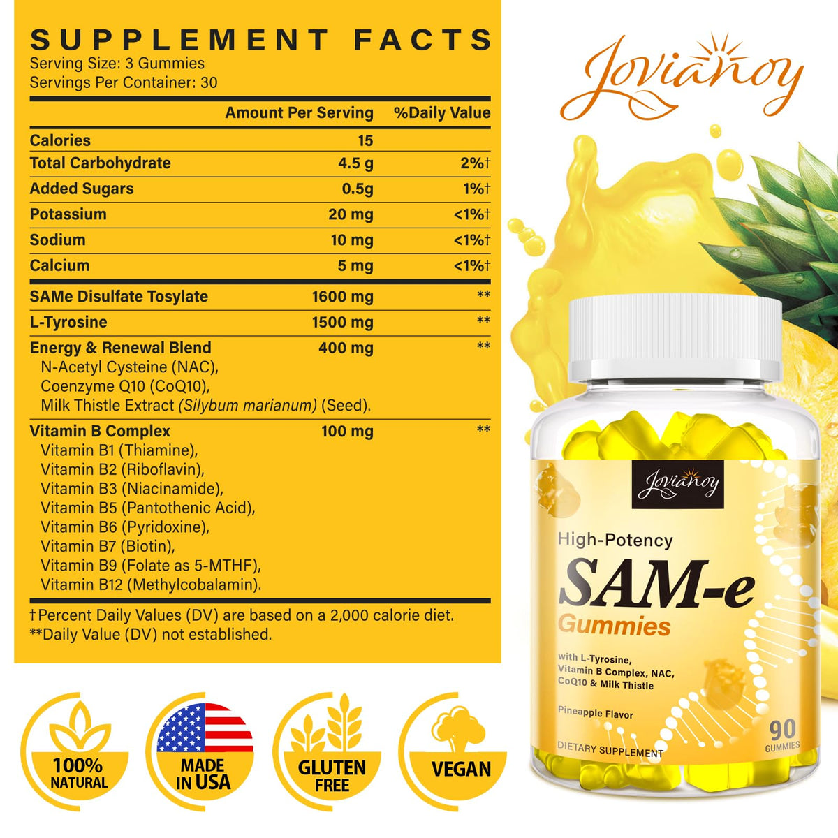 Jovianoy SAM-e Gummies with L-Tyrosine, Vitamin B Complex & NAC, CoQ10, High-Potency SAM-e Supplement - Pineapple Flavor, for Mood, Joint, Cognitive & Liver Detox, Vegan Friendly, 180 Gummies