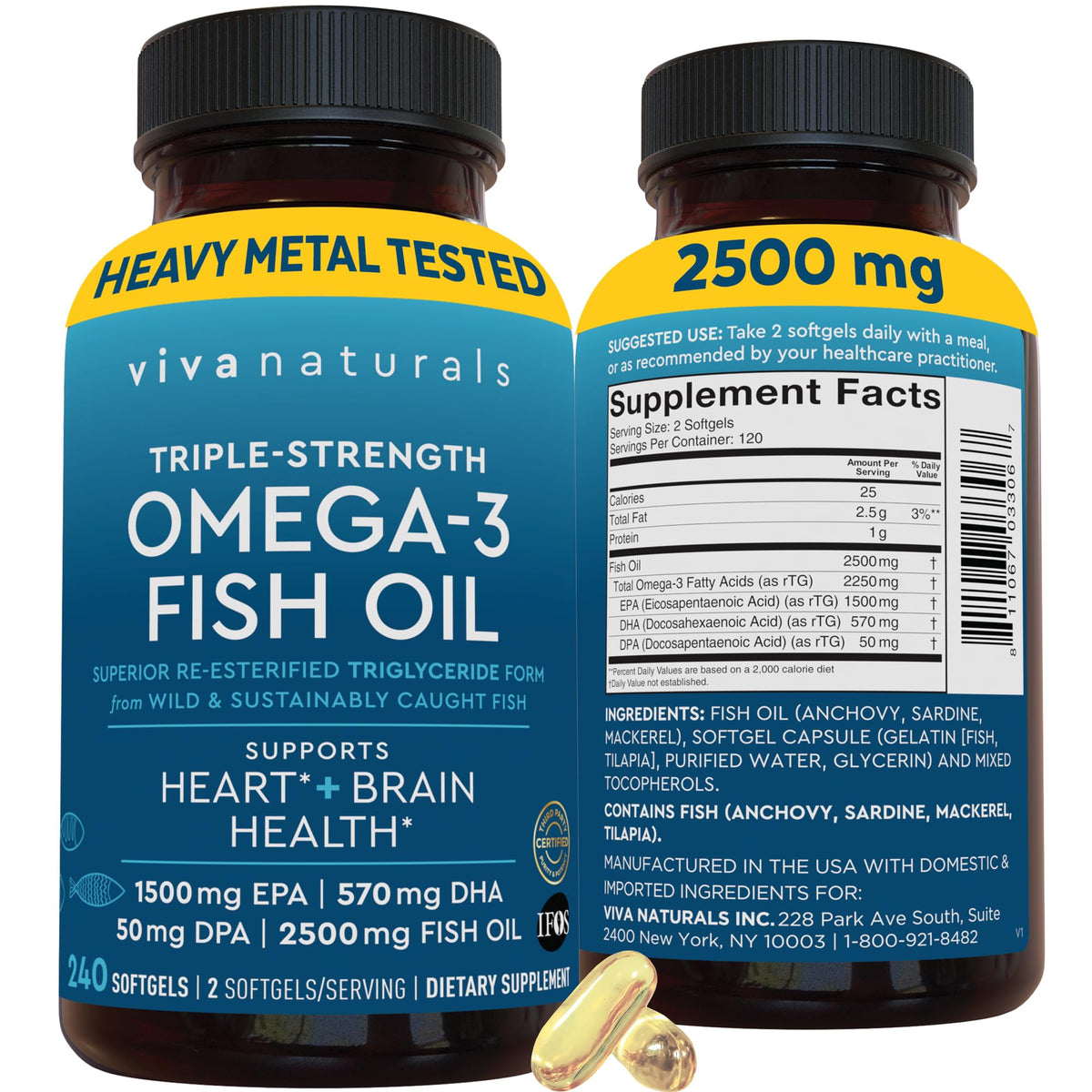 Omega 3 Fish Oil Supplement for Women and Men - 2500 mg Triple Strength Fish Oil per Serving with Omega 3 Fatty Acids Including EPA, DHA DPA - 180 Pescatarian-Friendly Softgels
