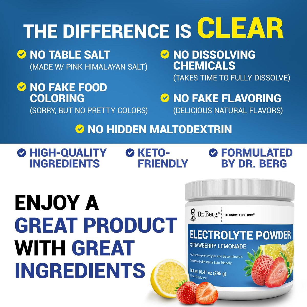 Dr. Berg Zero Sugar Hydration Keto Electrolyte Powder - Enhanced w/ 1000 mg of Potassium & Real Pink Himalayan Salt (NOT Table Salt) - Raspberry & Lemon Flavor Hydration Drink Supplement, 100 Servings