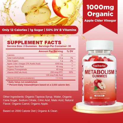 Feelherbs Metabolism Gummies for Women and Men Digestion & Energy, 60 Count Apple Cider Vinegar Gummies with Vitamin B12 & Beet Root, Chewable Keto ACV Vitamin for Metabolism & Detox Cleanse Feelherbs buy supplements Au