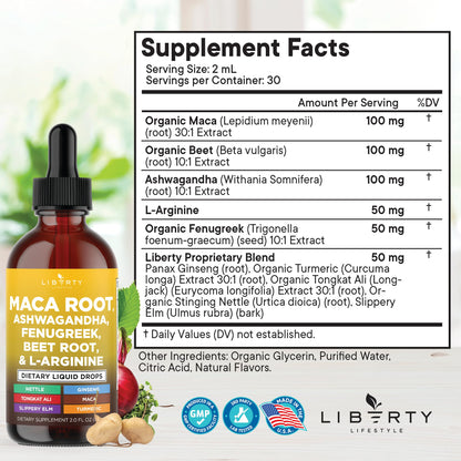 Liberty Lifestyle Organic Maca Root Liquid Drops with Ashwagandha, Nettle, Fenugreek, Beet Root and L-Arginine Liquid Multivitamin for Women and Men - 2oz