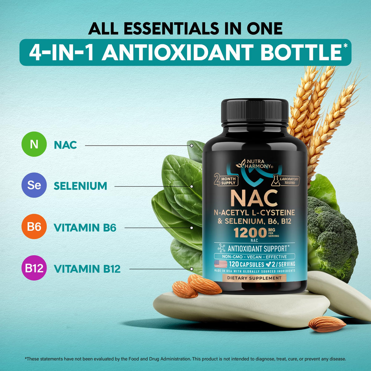 NAC Supplement | Selenium | B6 | B12 - Antioxidant, Immune Support - N Acetyl Cysteine 600 mg per Capsule, 1200 mg per Serving - Lab Tested - Non-GMO, Gluten-Free, Vegan - 120 caps, 2 Month Supply