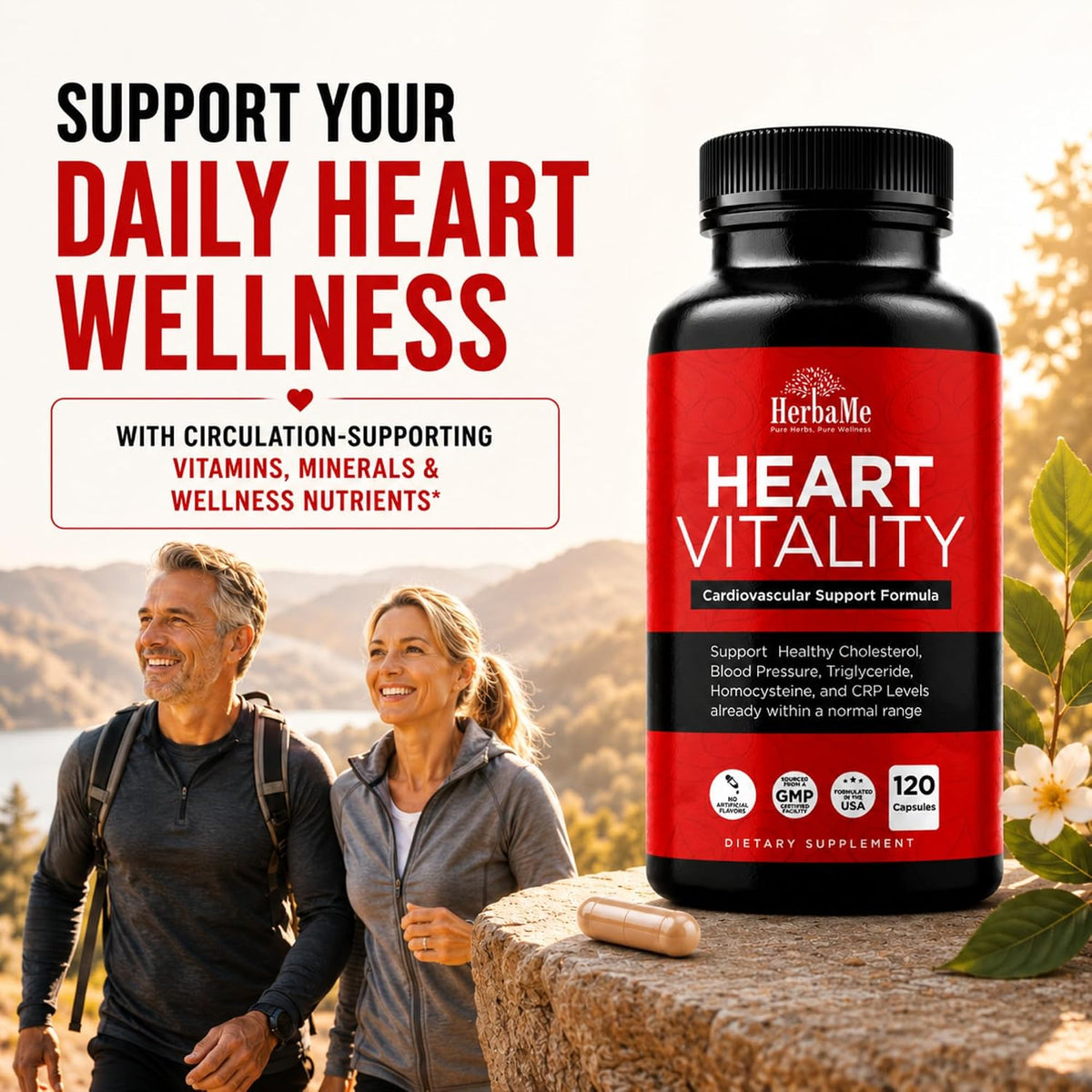 HerbaMe Heart Support Supplement for Men & Women, Daily Heart Wellness & Circulation Support, Supports Cardiovascular Wellness & Vascular Function with L-Arginine, Citrulline & CoQ10, 120 Capsules