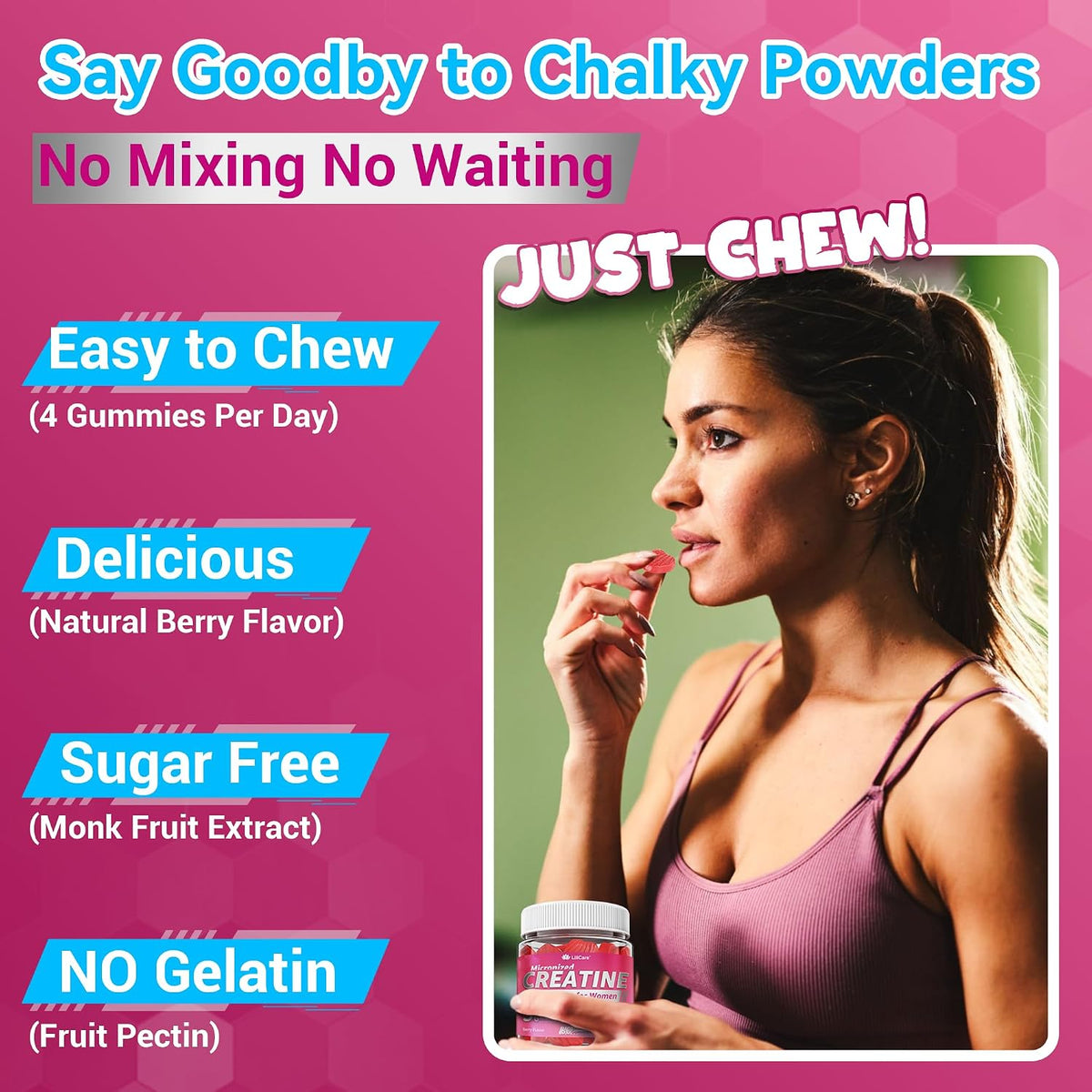 Creatine for Women Gummies, Micronized Creatine Monohydrate + Myo-Inositol, Collagen Peptides, BCAAs, Hyaluronic Acid, Vitamin B6 B12, Zinc for Enërgy, Föcus, Hörmonal Balance, Sugar Free, 120 Counts