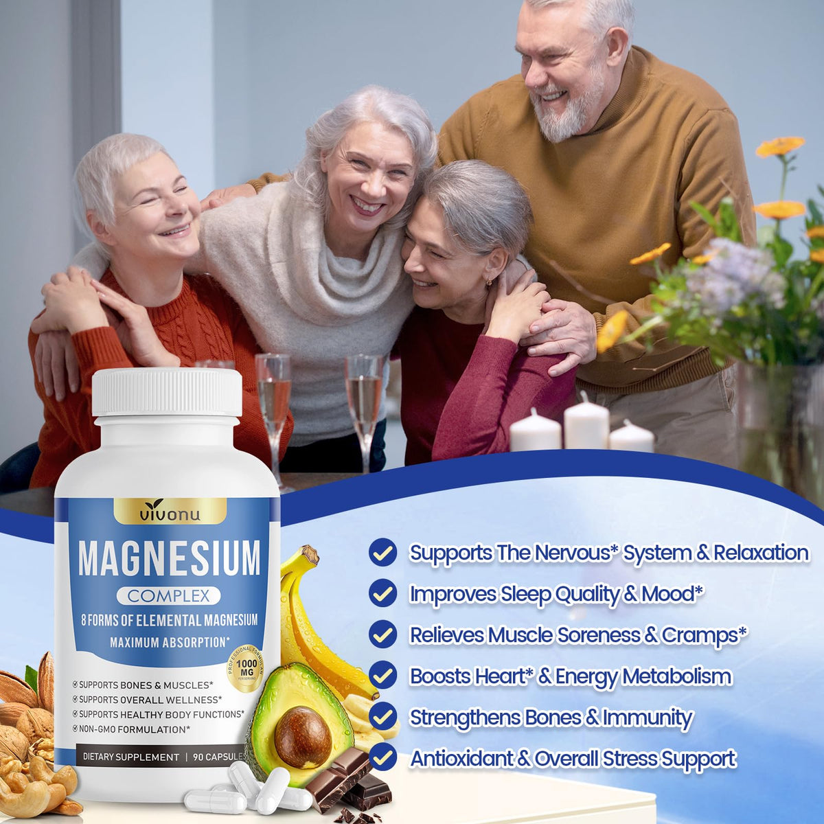 Triple Magnesium Complex for Women and Men, Magnesium Glycinate 400mg, Malate, Citrate, High Absorption Chelated Magnesium Supplement Support Sleep, Muscle, Non-GMO, Gluten Free - 240 Capsules