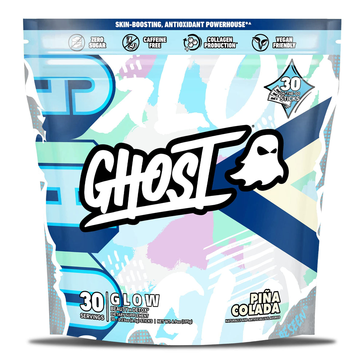 GHOST Glow Sticks: Beauty and Detox Supplement - 30 On-The-Go Stick Packs, Mango Margarita - Hyaluronic Acid, Biotin & L-Theanine for Skin-Boosting Support - Sugar Free, Gluten Free
