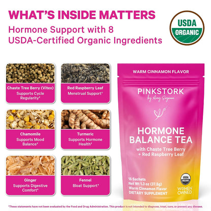 Pink Stork Organic Hormone Balance Tea for Women, Cinnamon, 30 Servings | Red Raspberry Leaf & Chasteberry (Vitex), Organic Herbal Tea, PMS, Menstrual Cycle + Perimenopause Support