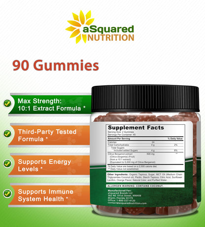 aSquared Nutrition Citrus Bergamot Gummies - Citrus Bergamot Extract Supplement 500mg Per Serving - Pure Gummy Alternative to Capsules & Pills