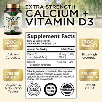 Calcium 1200 mg with Vitamin D3 - Per Serving - Bone Health Supplement - Vitamin D & Calcium Supplements for Women & Men - Bone Strength Support