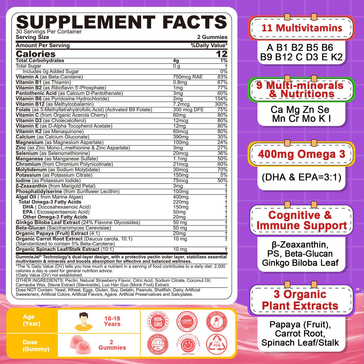 Nextdia Multivitamin Filled Gummies for Teen Boys Girls 12-17, 18, 19, Kids 10+ Multivitamin with Omega 3, Calcium + Magnesium + Zinc, Multi-Minerals for Adolescent 10-19S Brain, Bone, Energy, Immune
