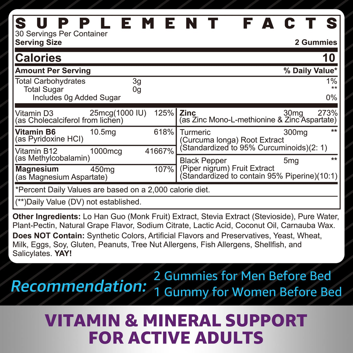 Zinc and Magnesium Supplement, Zinc Magnesium Aspartate Post Workout Gummies for Men Women, with Vitamin B6, B12, D3, Turmeric for Nighttime Recovery, Reduce Fatigue