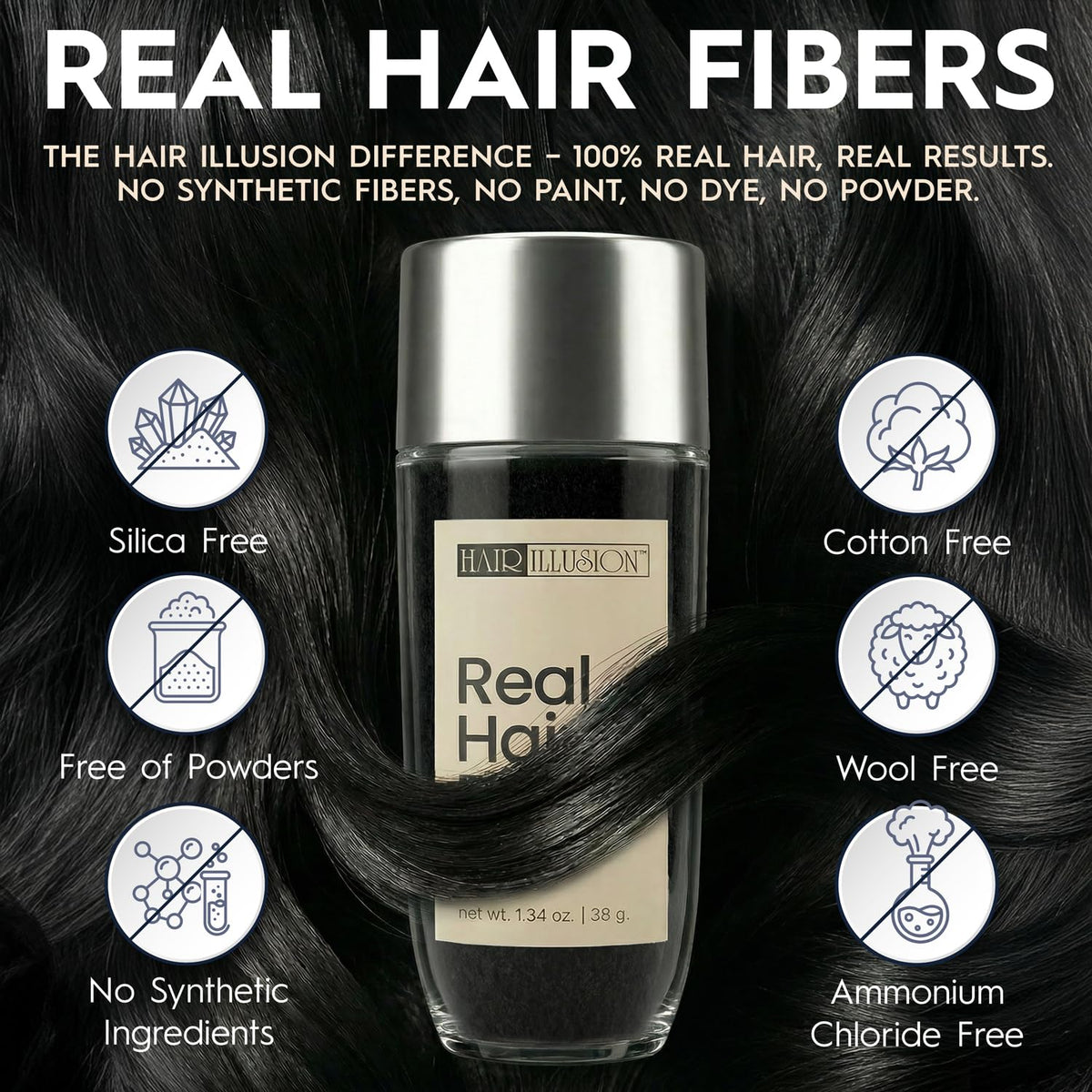 Hair Illusion Black Real Hair Fibers for Thinning Hair - 100% Natural Texture, Non Synthetic Hair Fibers - Bald Spot Cover Up for Women & Men - 38 Gram