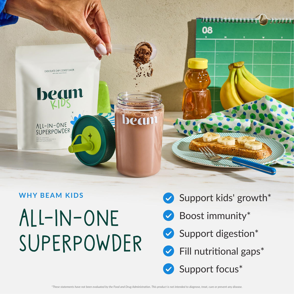 BEAM Kids Multivitamin Powder – Kids Vitamins with Greens, Probiotic & Prebiotic, Immune Support for Children & Toddlers, No Artificial Sweeteners, for Picky Eaters, 20 Servings, Chocolate Flavor