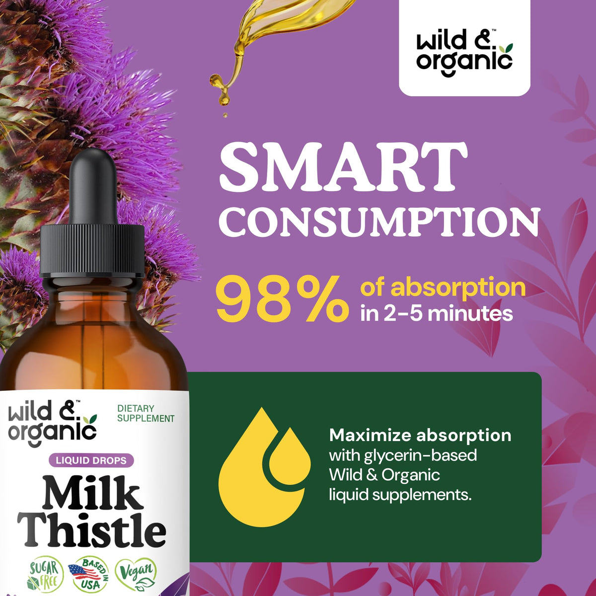 Wild & Organic Milk Thistle Liquid Drops - Liver Cleanse Detox - Silymarin Milk Thistle Supplement for Liver Support - Add to Tea - Silybum Marianum Seed Extract Tincture