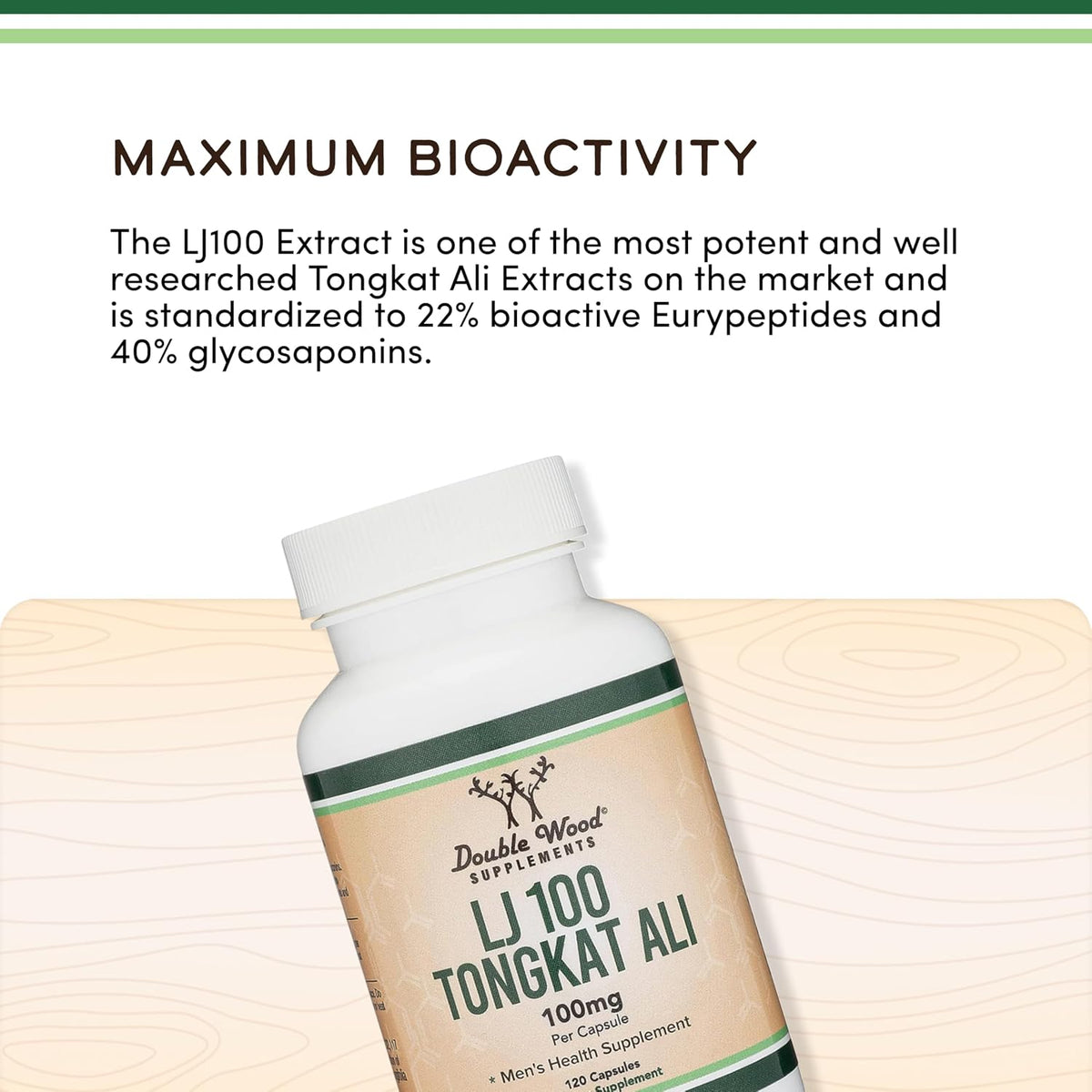 LJ100 Tongkat Ali for Men (120 Capsules) - Only Clinically Proven and Patented Men's Heath Supplement Tongkat Ali Formula (LJ100 Std to 40% Glycosaponins, 22% Eurypeptides) by Double Wood