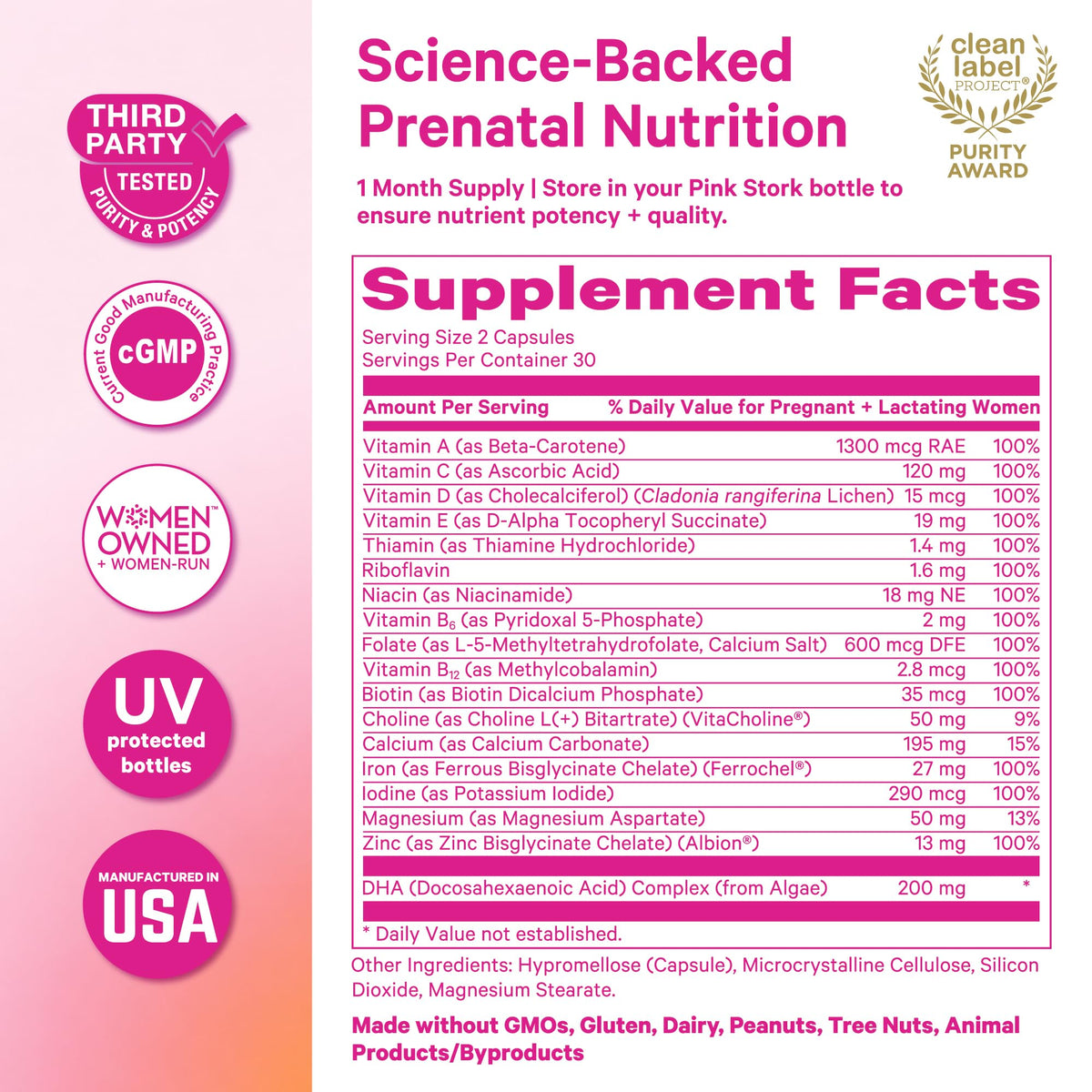 Pink Stork Total Prenatal Vitamins, No Fishy Burps, 60 Capsules, Berry | Clean Label Award, Support Fetal Development, Vegan DHA, Methylfolate, Iron, Choline, Vitamin B12, Pregnancy Essentials,