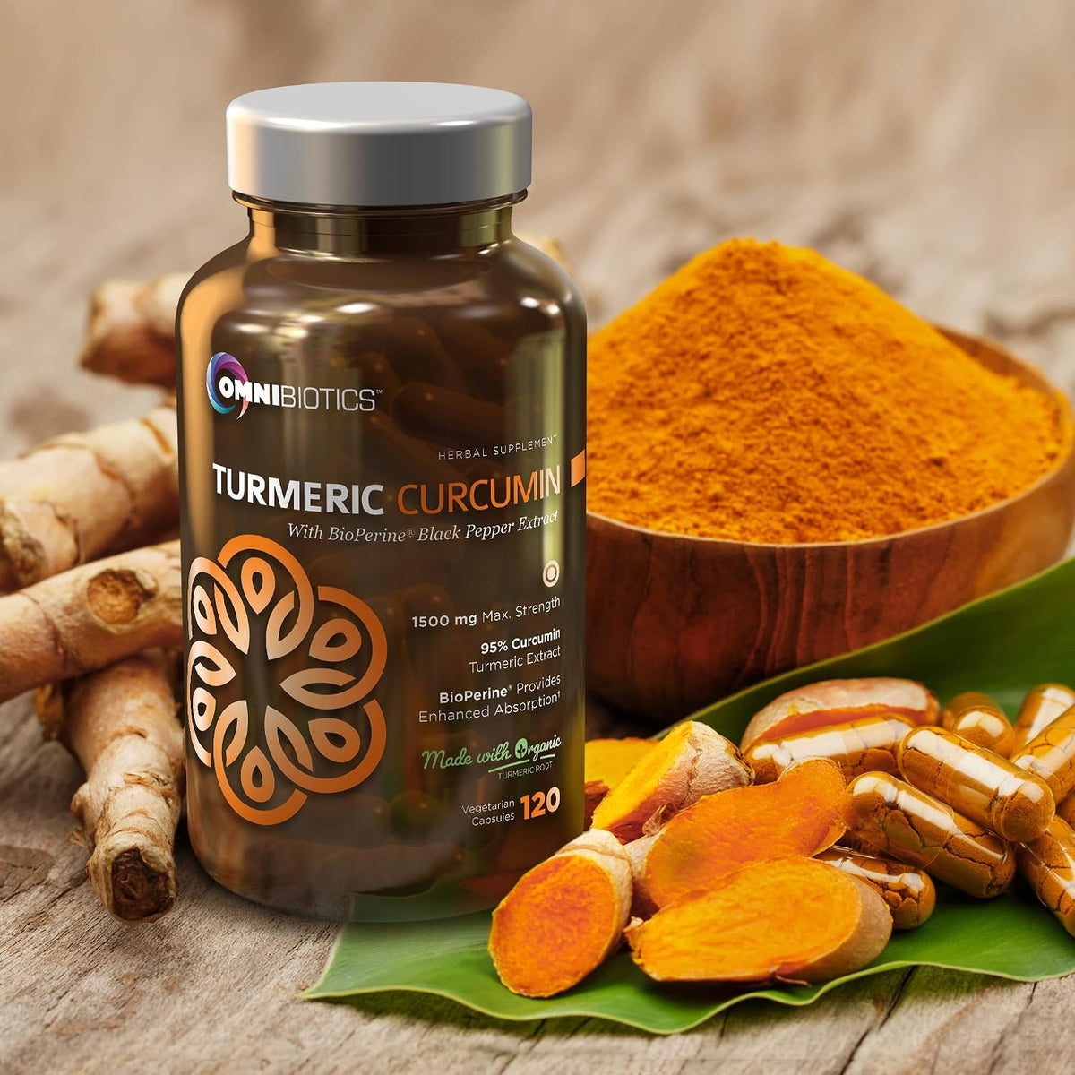 OmniBiotics Organic Turmeric Curcumin Supplement with Black Pepper Extract – 1500mg Turmeric with 95% Curcuminoids & BioPerine, High Absorption for Joint Support – 120 Vegan Capsules