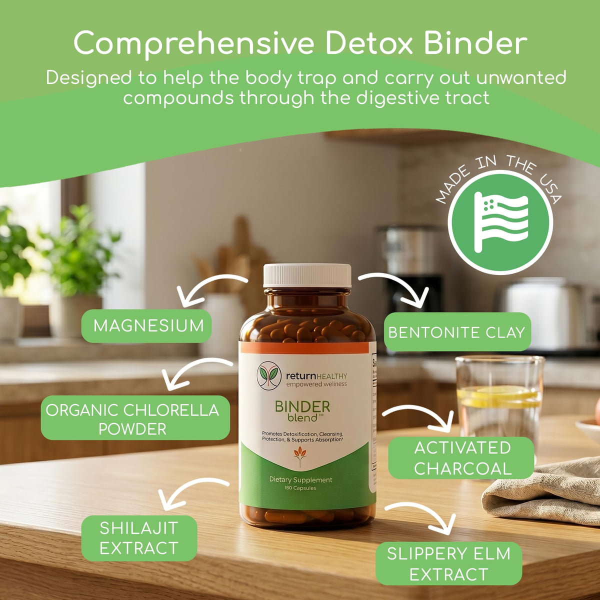 Binder Blend - Toxin Binder Supplement, Detox Capsules for a Healthy Gut - 180 Capsules - 90 Servings - 960mg Activated Charcoal & 480mg Organic Chlorella - Bloating Relief - Bentonite Clay