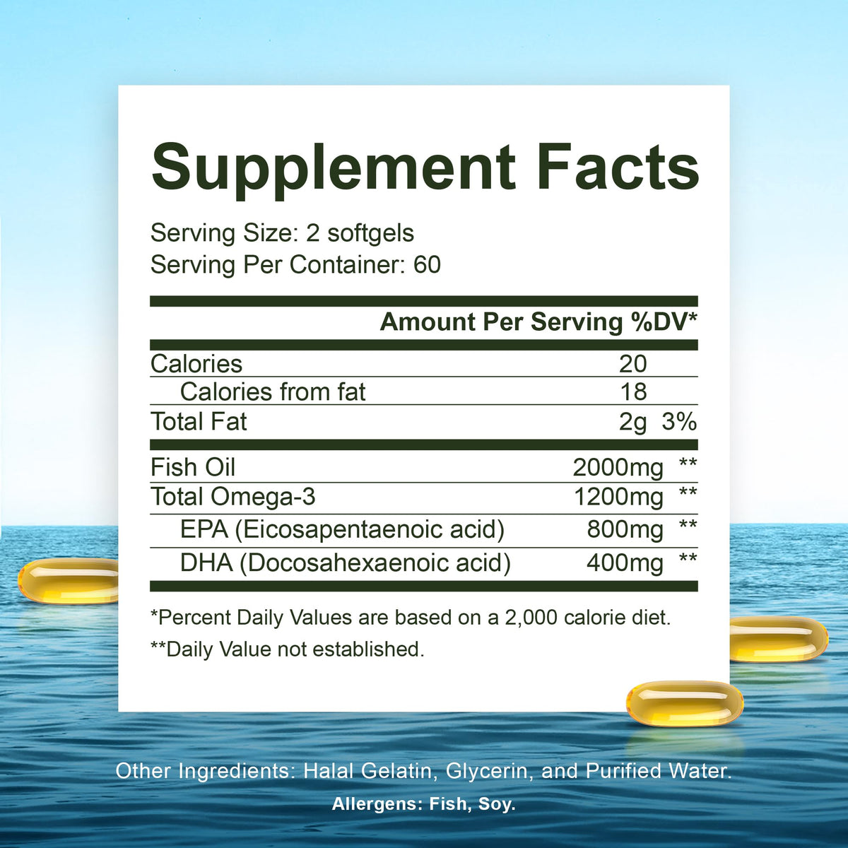 Noor Vitamins Halal Fish Oil, Halal Vitamins, Ultra Omega 3 Wild Peruvian Fish (800 mg EPA & 400 mg DHA) Heart, Brain & Joint Support, Non-GMO and Gluten Free (120 Count) Noor Vitamins buy supplements Au