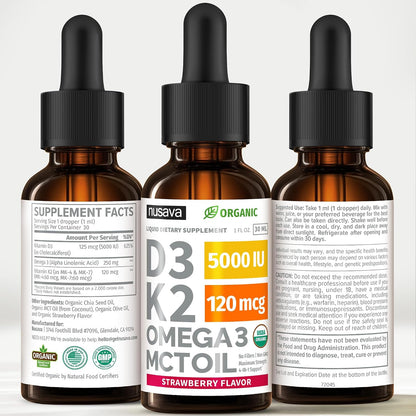 NUSAVA Vitamin B12 Liquid Drops, Strawberry Flavored D3 K2 & Vanilla Flavored D3 K2 Bundle — Daily Wellness Liquid Vitamins for Energy & Immune Support — Non-GMO, Gluten-Free, 2pk Each