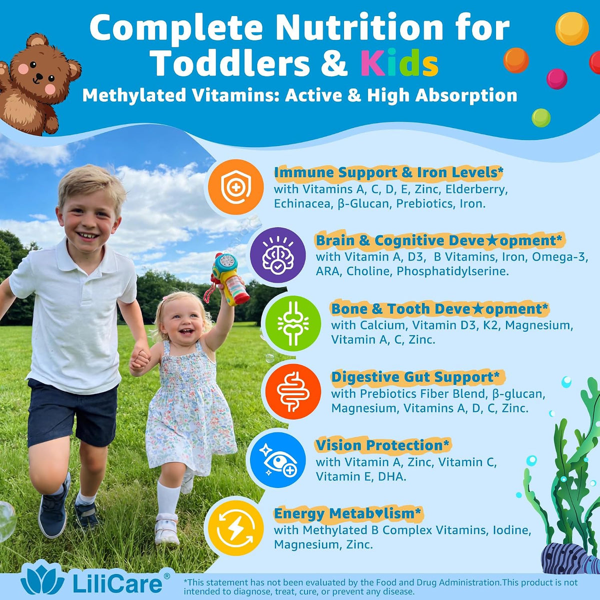 Toddler 2-3 & Kids 4+ Multivitamin Gummies w/ Iron, Omega-3, ARA, Calcium, Prebiotic, Methylated Picky Eater Vitamins for Kids 2+ Growth & Development | Vitamin C, D3 K2, B12, Methylfolate, Sugar Free