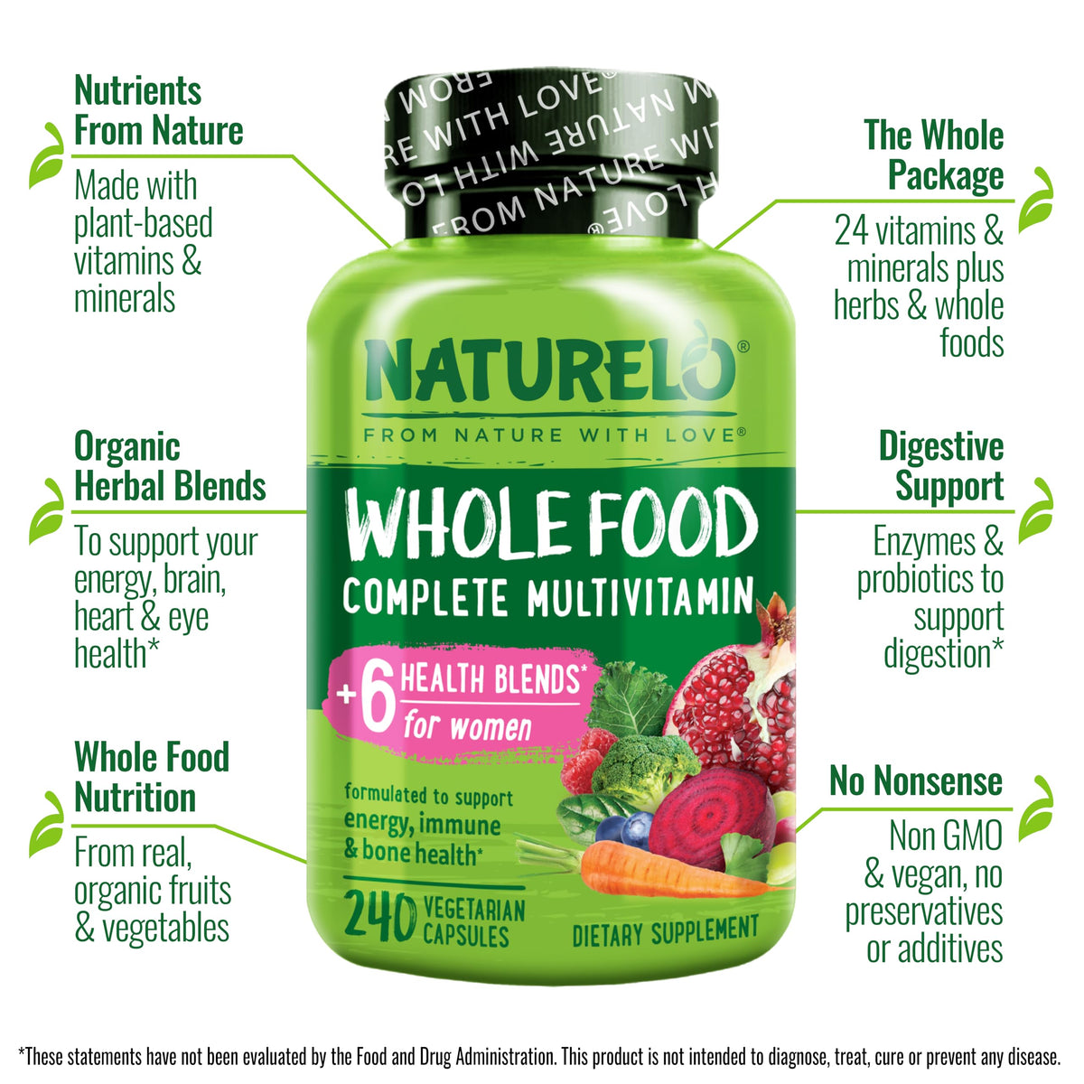 NATURELO Whole Food Multivitamin for Women - with Vitamins, Minerals, & Organic Extracts - Supplement for Energy and Heart Health
